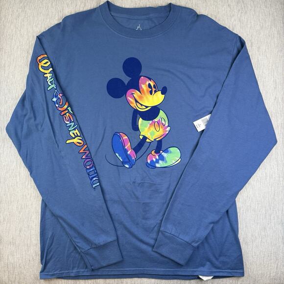 Disney Parks Tie Dye Mickey Mouse Print Blue Long Sleeve T-Shirt Size Large NWT - Picture 1 of 9